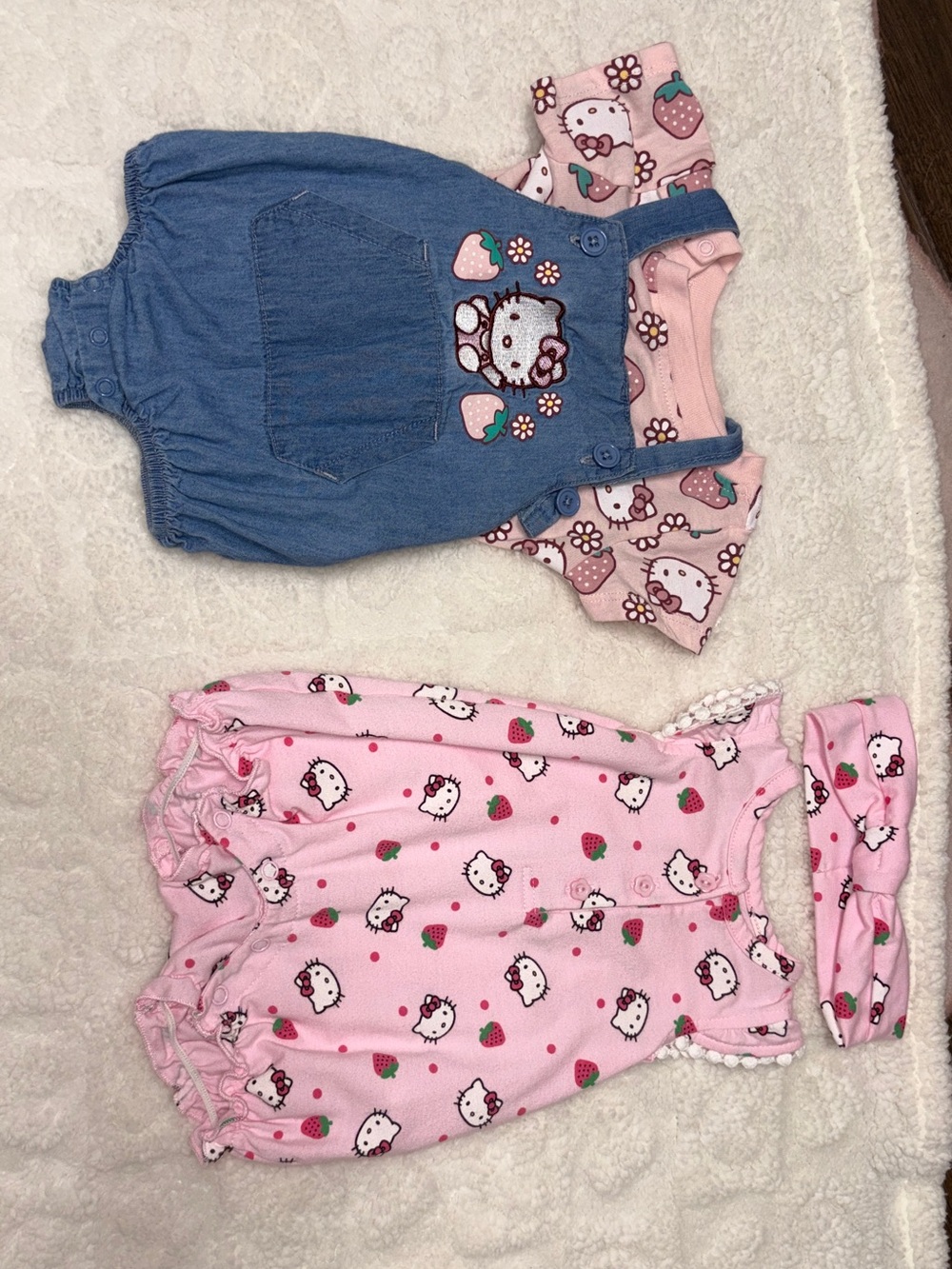 Hello Kitty Pink and Blue Strawberry Romper Set with Denim-Style Overalls